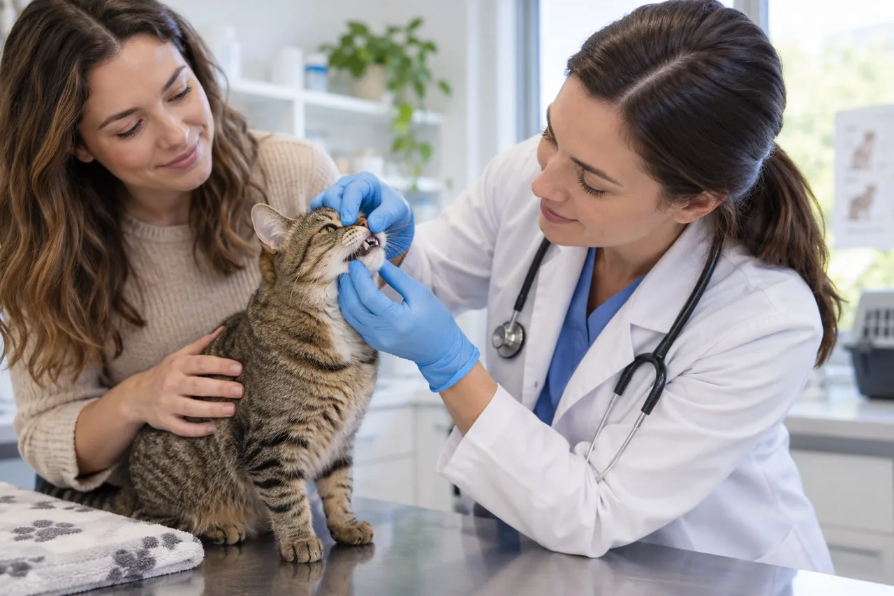 Veterinarian examining a cat held by its owner